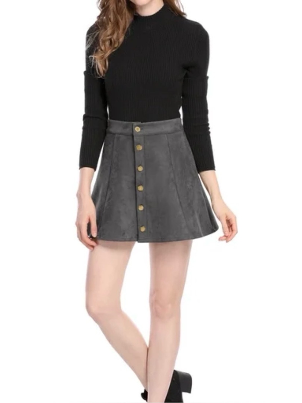 High-Waist Button-Front A-Line Suede Feel Skirt